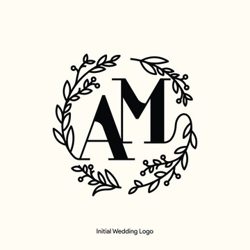 Elegant Floral AM Initial Wedding Logo Monogram with Botanical Wreath