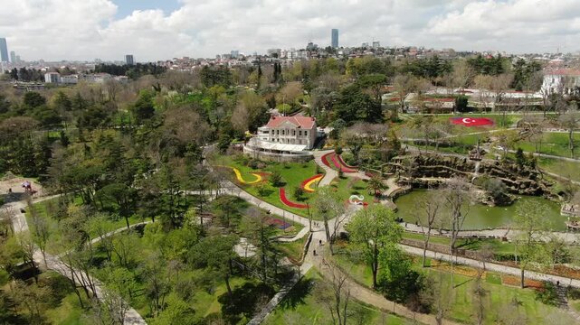 Aerial view of the Bosphorus with tulips; view of the Turkish flag; general aerial view of Istanbul