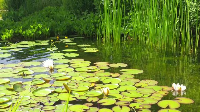 Beautiful white water lilies blooming on a peaceful pond surface in summer