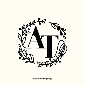 Elegant Floral AT Initial Wedding Logo Monogram with Botanical Wreath