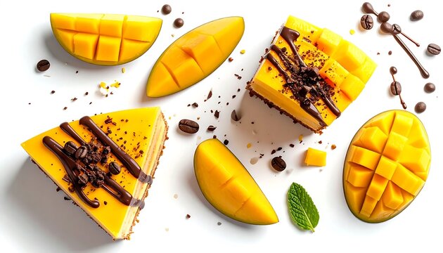 Fresh mango slices with chocolate drizzle on white background.