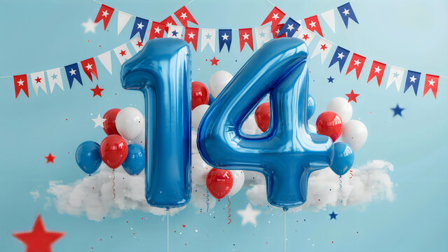 Festive number 14 with party confetti