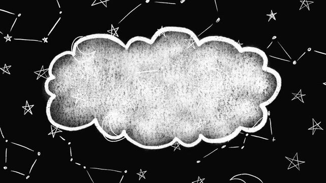 Hand-drawn chalk cloud frame seamless loop animation on celestial constellation background. Textured sketch background with a starry night sky, constellations, crescent moons with a stop-motion
