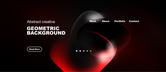 Naklejka premium Dark background features abstract red shapes, text elements, navigation menu. Modern design promotes creativity, geometric patterns.
