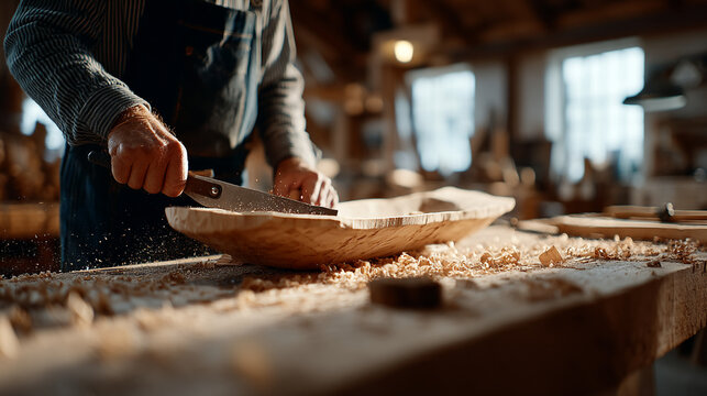 Close up of craftsman carving wood in workshop with chisel and wood shavings, carpenter