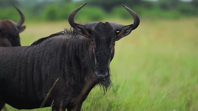 Close up portrait of a wild blue wildebeest gnu head with curved horns looking alertly in a green savannah field on safari