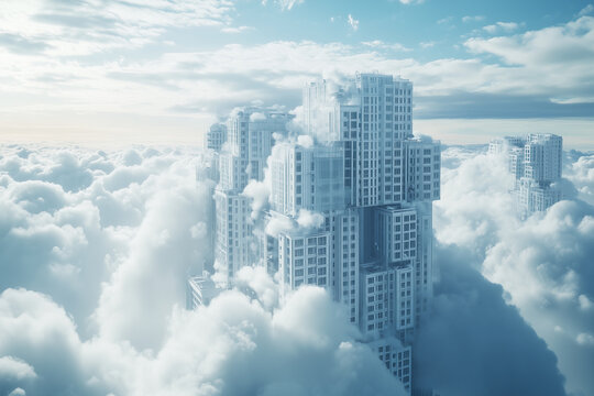 A group of modern high rise buildings towers over a dense sea of fluffy white clouds under a bright blue sky