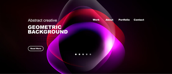 Naklejka premium Dark background features vibrant abstract shapes. Text highlights geometric design, navigation options present. Modern, stylish presentation.