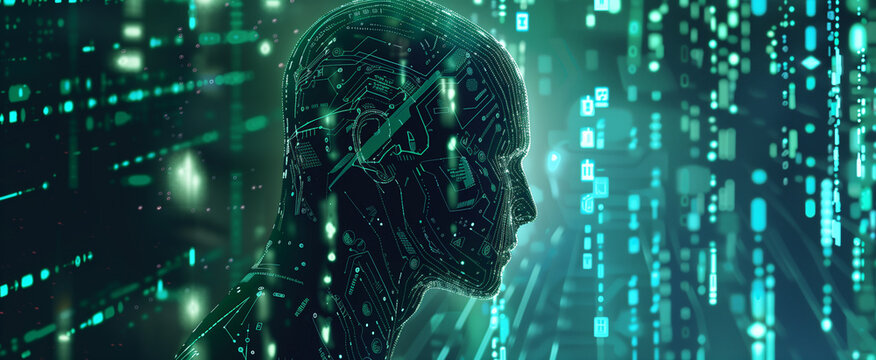 A side view profile of a human face formed by glowing green binary code streams and lines on a dark background