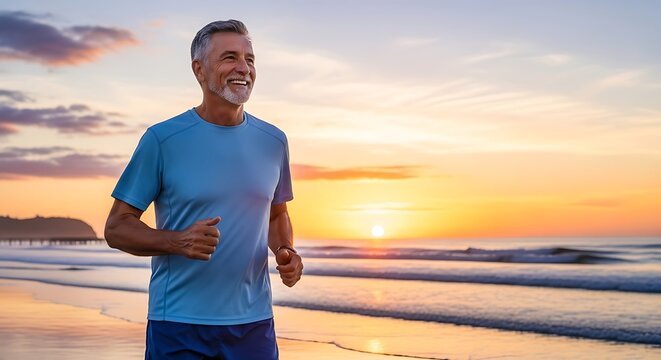 A smiling older man jogging on a serene beach at sunset