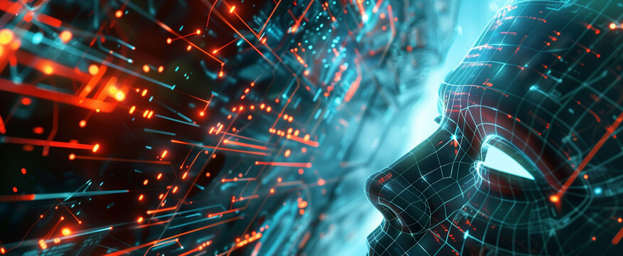 A detailed cybernetic face is viewed from the side interacting with a complex stream of orange and blue network connections