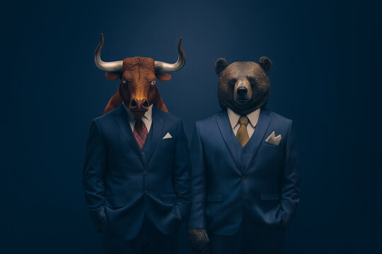 A conceptual financial illustration depicting two men wearing professional dark business suits with realistic animal heads of a bull and a bear