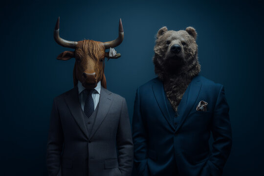 A dramatic portrait of two corporate figures representing the stock market bull and bear trends dressed in tailored elegant formal business suits