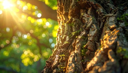 Fototapeta premium Sunlit Tree Bark - A Close-Up of Natures Texture and Light.