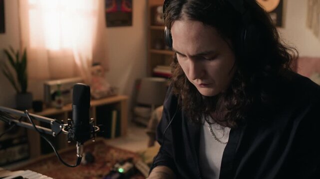 Tilt up shot of young pianist playing MIDI keyboard controller in home recording studio. Footage for music production software commercials and online creative education platforms