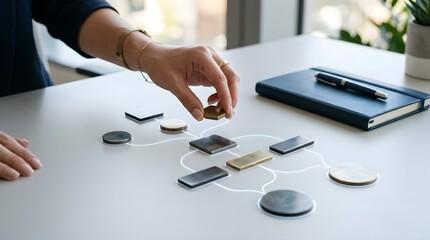 Fototapeta premium Hand placing element to build a connected system. Business strategy, data networking, problem-solving concept on white table.