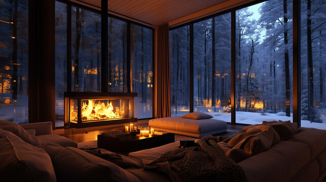 A luxurious dark themed lounge room featuring glass walls that look out onto a snowy pine forest at dusk with a roaring warm fire