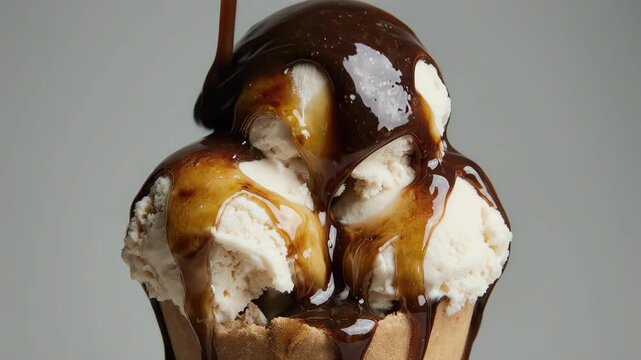 sundae with melting ice cream and syrup dripping