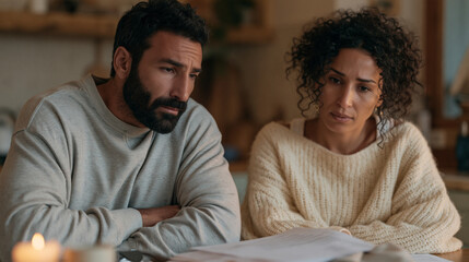 Obraz premium Berber American couple sitting at a kitchen table studying a real estate market decline report spread before them, worried body language, modest home setting, autumn afternoon