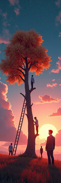 Sunset with tree and people