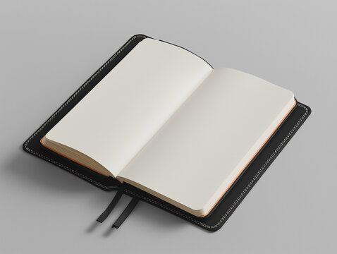 An open journal notebook displaying empty white pages and bookmark ribbons with its black leather cover visible against a light grey studio background