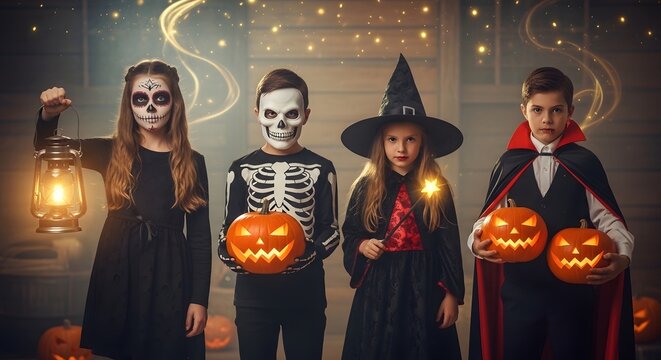 Group of children in halloween costumes with pumpkins and lantern