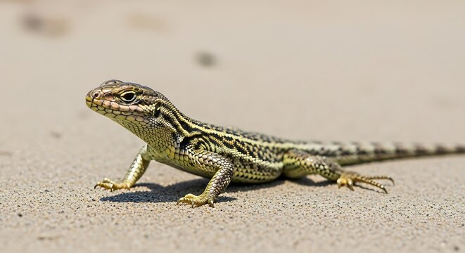 A small, green and yellow lizard with black stripes on sandy ground