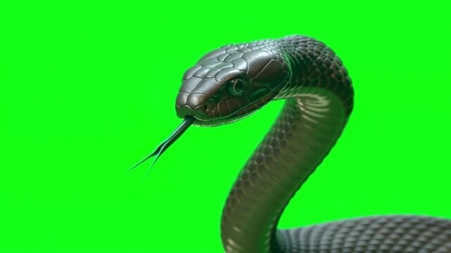 Black mamba snake head with tongue flicking isolated on a bright green screen background
