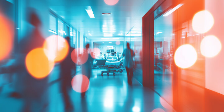 A vibrant cyan and orange toned motion blur perspective of a busy modern medical clinic corridor with silhouettes of healthcare workers moving