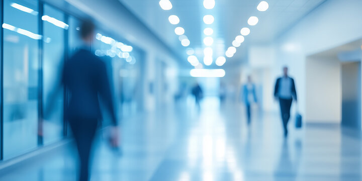 A motion blur depiction of a person moving through an illuminated high tech clinical hallway with a sterile blue color palette