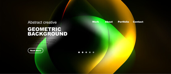 Naklejka premium Abstract design features vibrant fluid shapes, dark background. Website navigation includes work, about, portfolio, contact options.
