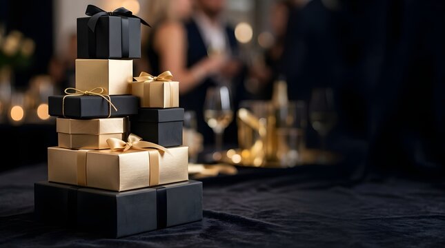 Stack of black and gold gift boxes on a table at a luxury evening event