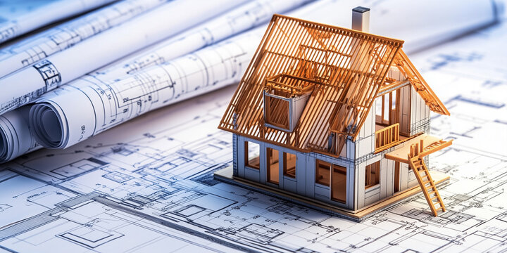 A close shot of a miniature house construction prototype sitting on top of technical engineering drawings and blueprints in a design office