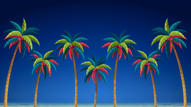Colorful pixel art palm trees against blue sky