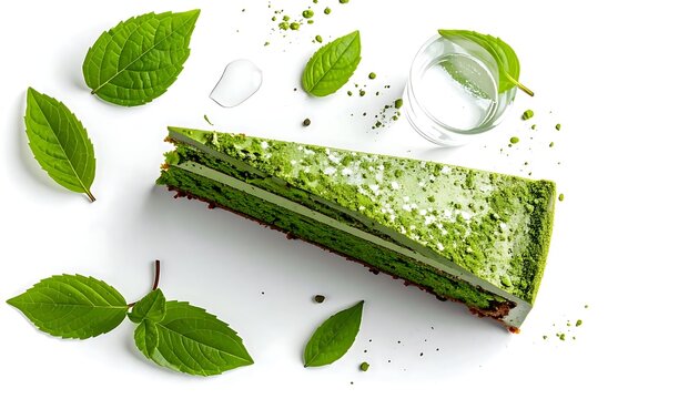 Fresh green matcha cake with leaves and powder.