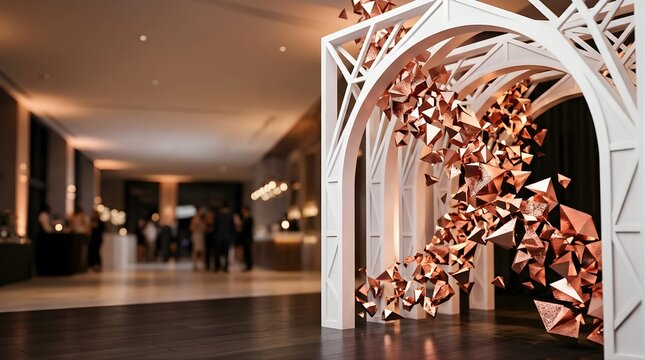 White archway with floating copper shards for event entrance decoration