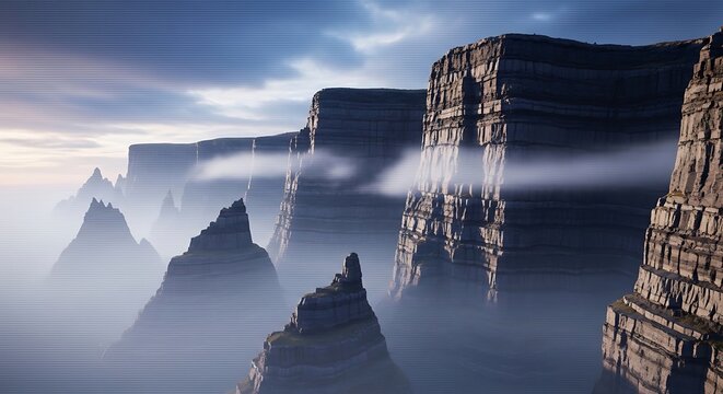 Dramatic landscape of majestic mountain cliffs rising above thick morning fog.