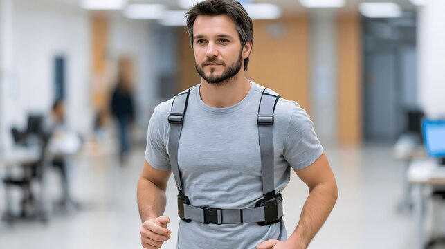 Medical engineering innovation showing robotic rehabilitation device restoring human mobility, premium healthcare commercial photography