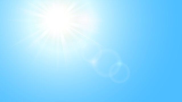 Bright Sunlight Lens Flare Clear Blue Sky Background Template Design. A clear blue sky creating a clean abstract background