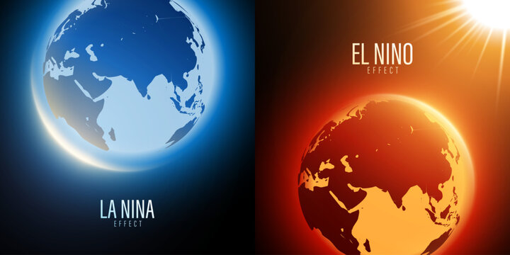 El Nino And La Nina Climate Effects Comparison Illustration Graphic. Side by side comparison illustration of the El Nino and La Nina climate effects using contrasting warm and cool Earth graphics