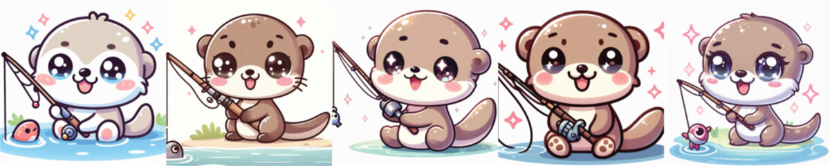 Vector of a cute cartoon otter character holding a fishing rod © FirdianKrisna