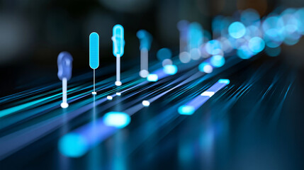 Holographic timeline with floating checkpoints and progress bars, business roadmap, growth strategy, milestone tracking, executive planning, with copy space