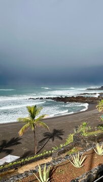 Puerto de la Cruz black sand beach waves and palm