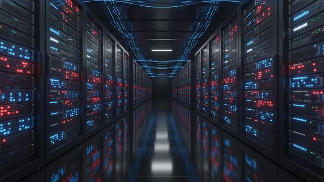 Futuristic Data Center Server Room with Blue and Red LED Lights, Cinematic Corridor View