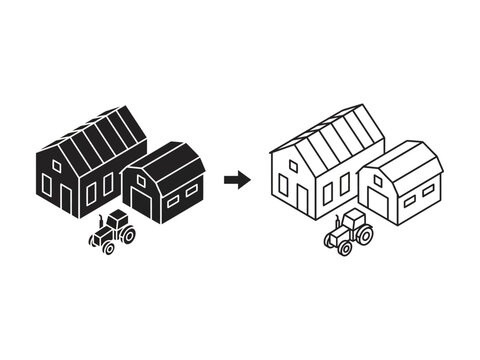 Black and white illustration of solar panel roof houses with tractors in front  renewable energy concept