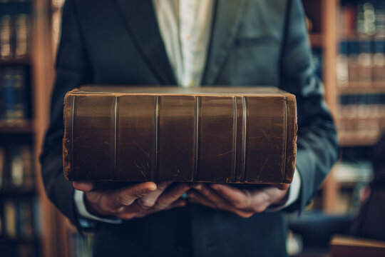 A well dressed individual in a dark suit holds a thick heavy vintage leather bound book with both hands against a blurry library background