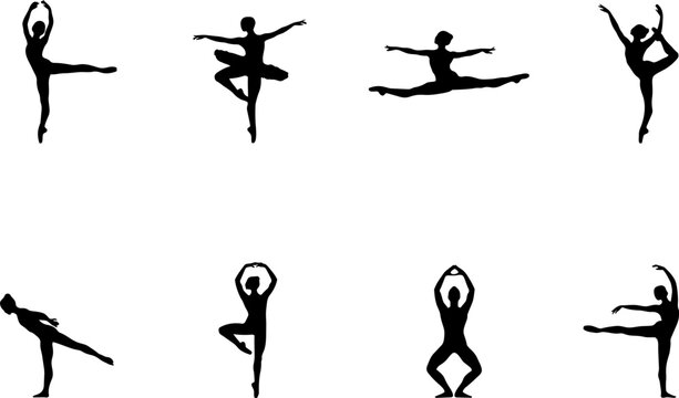 Ballet dancers in graceful poses during a performance against a plain setting