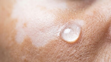 Fototapeta premium Drop of clean water on skin with vitiligo. Close up view of human arm showing depigmentation patches. Healthcare and dermatology concept for skin condition treatment and moisturizing.