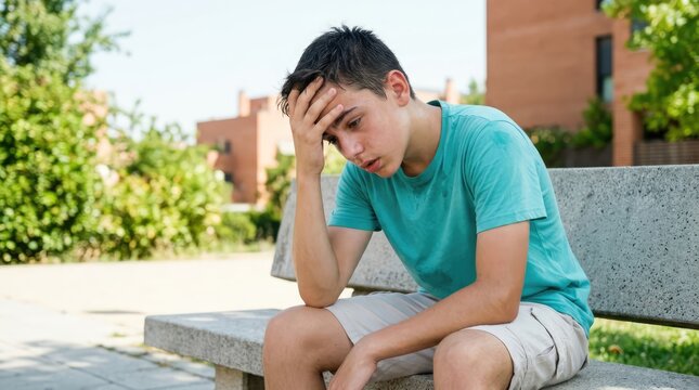 A young boy sitting alone on a bench outdoors, holding his forehead with his hand in distress. He is wearing a teal t-shirt and light shorts, with trees and buildings in the background