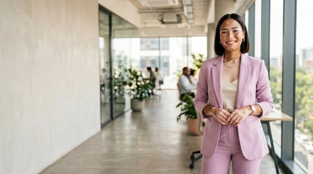 Asian woman with vitiligo standing in a modern office. Businesswoman wearing a pink suit smiling confidently. Portrait of a professional lady in a corporate workplace environment.